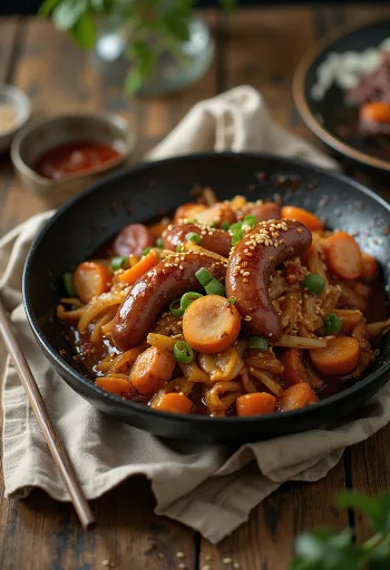 Sundae bokkeum koreai hurkával és csípős zöldségekkel tálalva