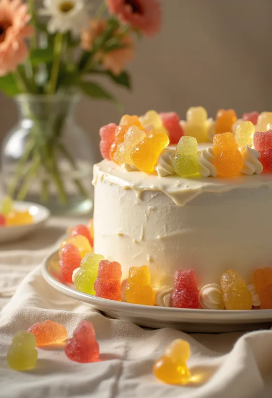 Színes gumicukros torta fehér fondant borítással és gumicukor díszítéssel