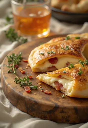 Tejfölös-baconös calzone tálalva