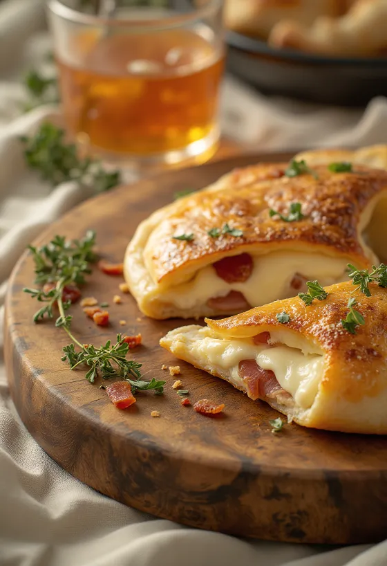 Tejfölös-baconös calzone tálalva