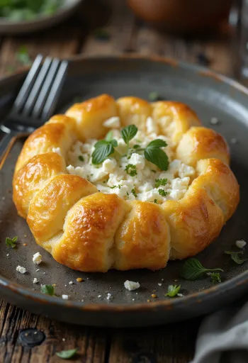 Tiganopsomo feta sajttal, tálalva friss kenyérrel és ropogós feta sajttal.