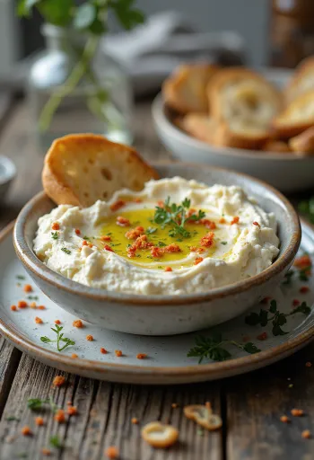 Tirokafteri chilipehellyel, friss petrezselyemmel tálalva