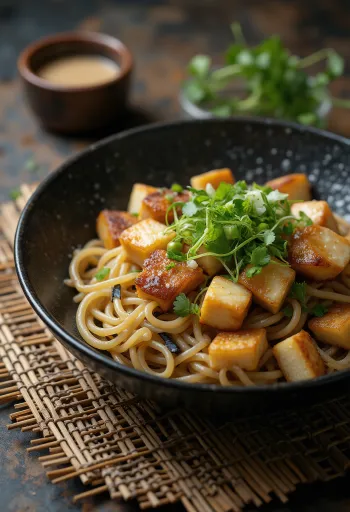 Zaru soba tofuval, friss zöldségekkel és pirított tökmaggal