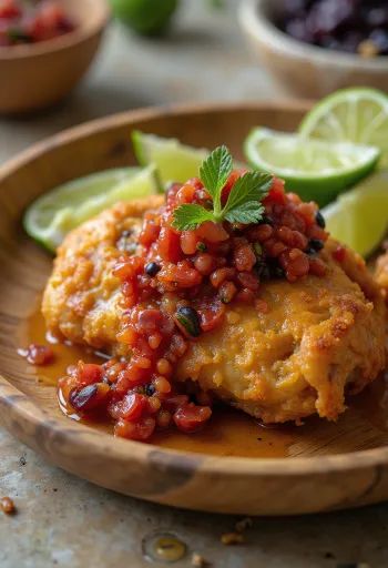 Ayam geprek, ropogós csirke darabok, chilivel és friss fűszerekkel tálalva