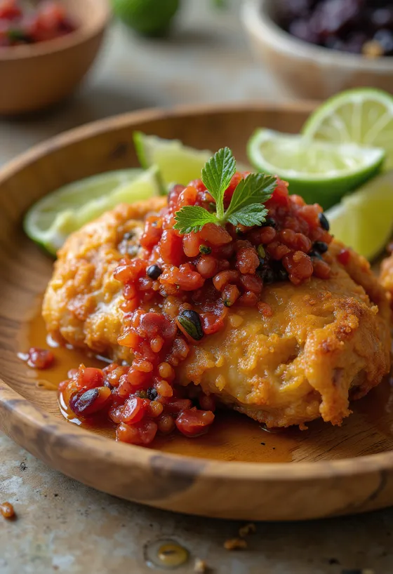 Ayam geprek, ropogós csirke darabok, chilivel és friss fűszerekkel tálalva