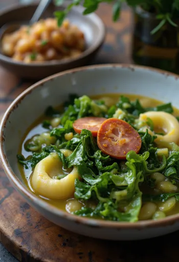 Caldo verde kelkáposztával, chorizóval tálalva