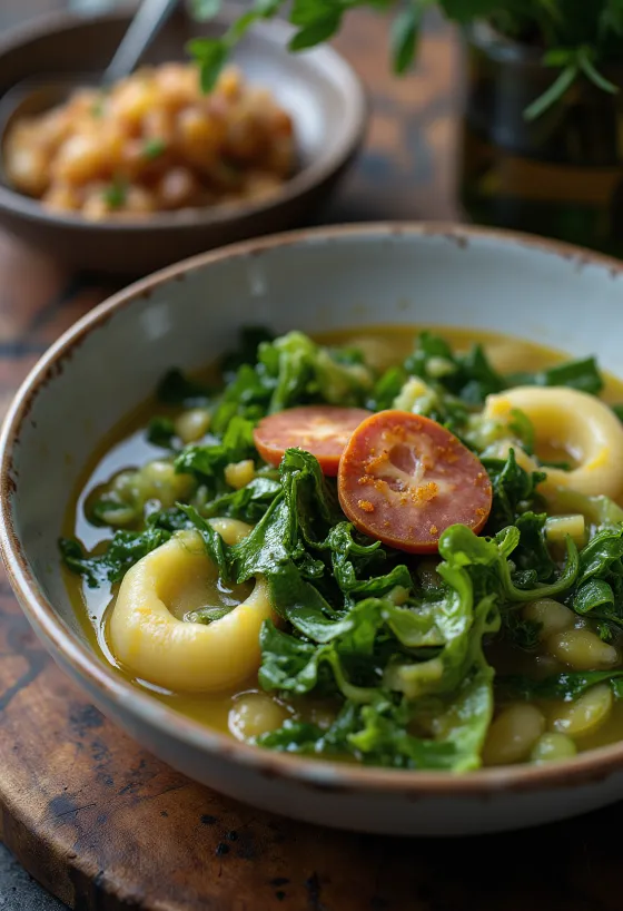 Caldo verde kelkáposztával, chorizóval tálalva