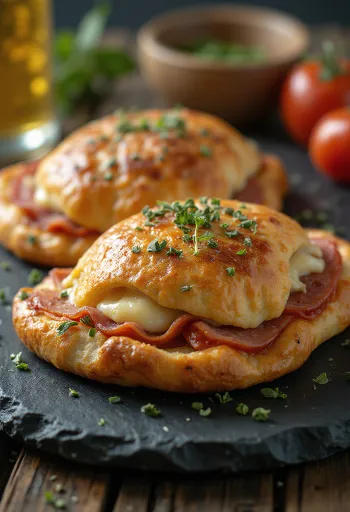 Calzone szalámival, aranybarna kérgű, szalámival és sajttal töltve