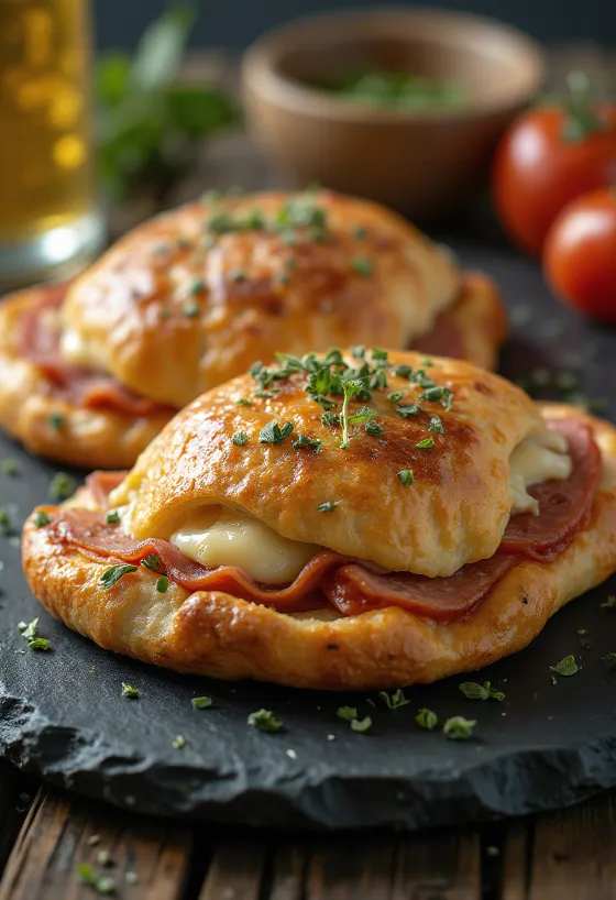 Calzone szalámival, aranybarna kérgű, szalámival és sajttal töltve