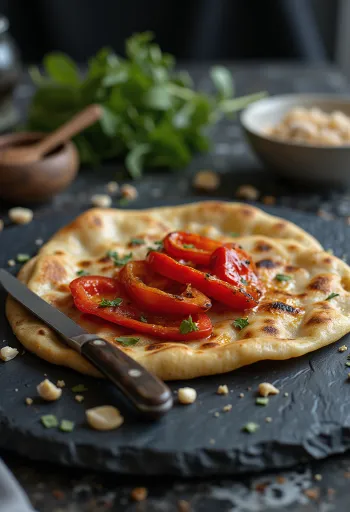 Chapati sült paprikával, frissen sütve, tálalva