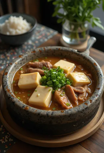 Cheonggukjang jjigae, koreai fermentált szójabab pasztával, tofuval és marhahússal