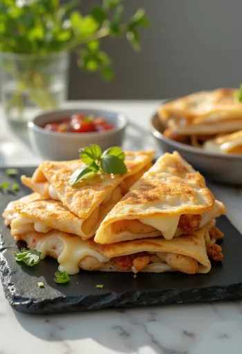 Csirkés quesadilla aranybarnára sütve, olvadt sajttal és friss zöldfűszerekkel tálalva
