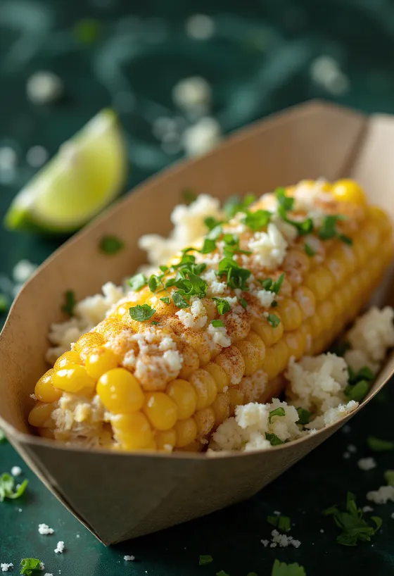 Elote lime-mal, friss kukorica majonézes keverékkel és parmezánnal