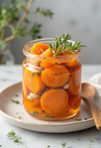 Escabeche sárgarépával tálalva, friss fűszerekkel díszítve