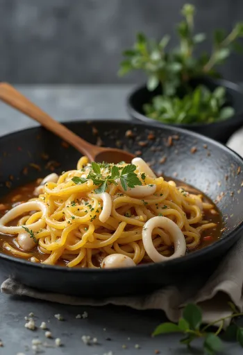 Fideuà amb calamars, gazdag tészta halas ízekkel és friss zöldségekkel
