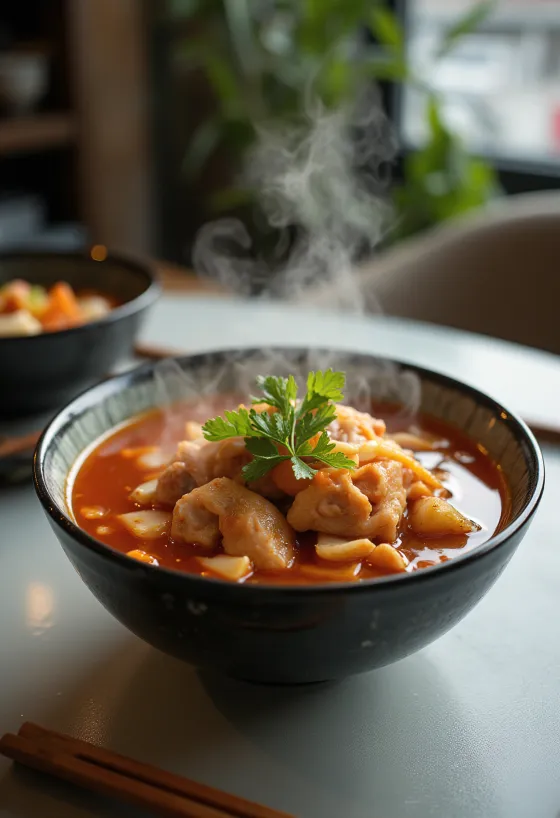 Ge Jjigae, koreai kacsahúsos leves kimchivel és zöldségekkel