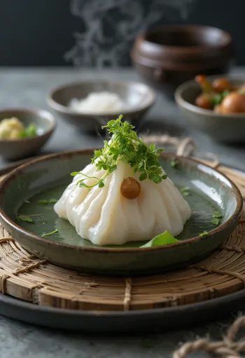 Gesztenyés zongzi tálalva, édes rizstészta és gesztenye töltelékkel