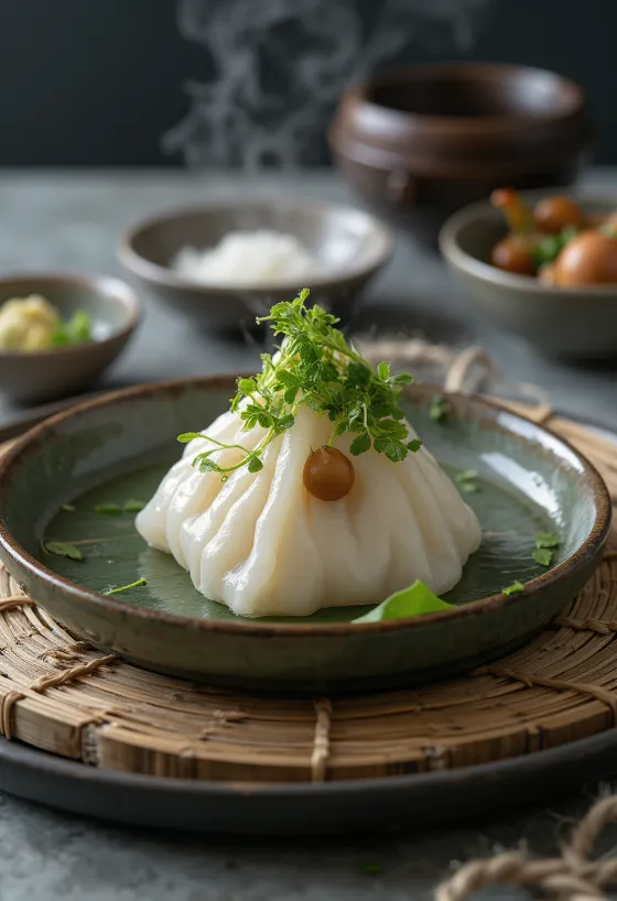 Gesztenyés zongzi tálalva, édes rizstészta és gesztenye töltelékkel