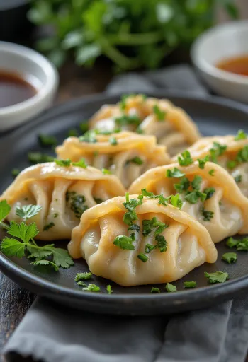 Gyoza gombóc spenóttal, friss korianderrel tálalva