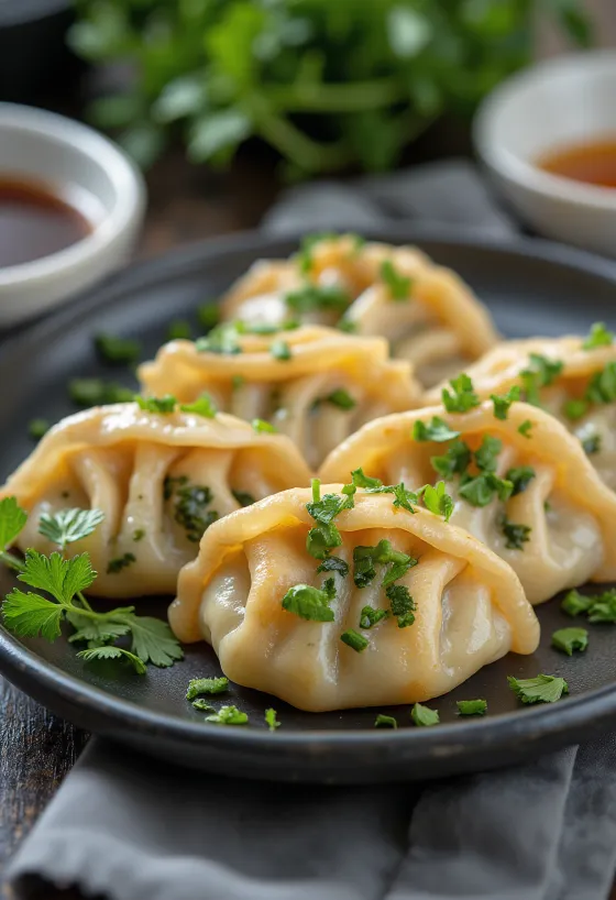 Gyoza gombóc spenóttal, friss korianderrel tálalva