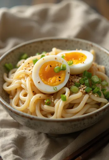 Hadaka udon hideg udon tészta lágy tojással és szójaszósz alapú szósszal tálalva