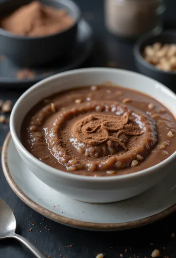 Kakaós Congee, egy tálban tálalt, krémes rizs kakaóval és vaníliával ízesítve