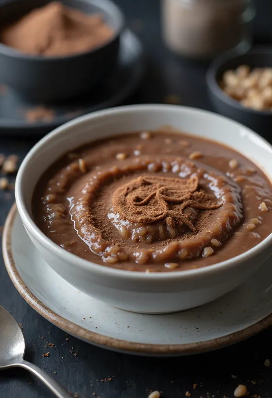 Kakaós Congee, egy tálban tálalt, krémes rizs kakaóval és vaníliával ízesítve