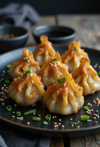 Kimchi mandu, frissen tálalva szezámmaggal és korianderrel