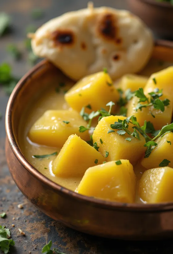 Korma burgonyával, friss korianderrel tálalva