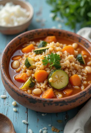 Minestrone leves rizzsel, zöldségekkel és babbal tálalva