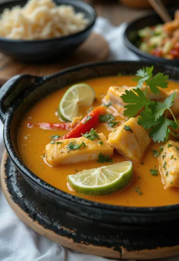 Moqueca capixaba tálalva, friss korianderrel