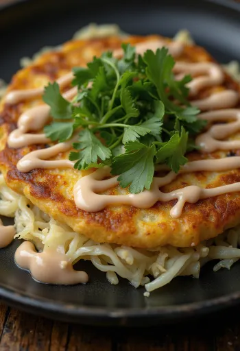 Okonomiyaki korianderrel, egyenletesen sütve, friss káposztával és korianderrel tálalva