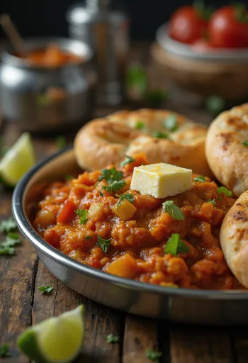 Pav Bhaji Kolhapuri fűszerezéssel, tálalva egy indiai kenyérrel és friss korianderrel