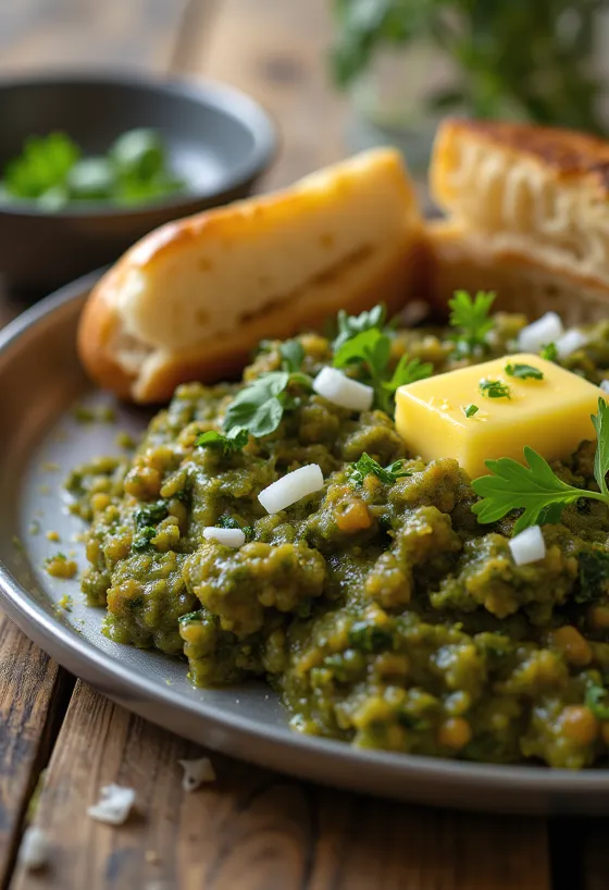 Pav Bhaji spenóttal, egy tálban krémes burgonyás szósz, ropogós zsemlékkel és friss spenóttal
