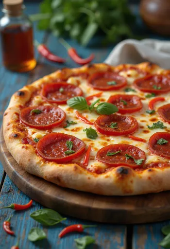 Pikáns Pepperoni pizza chilivel tálalva