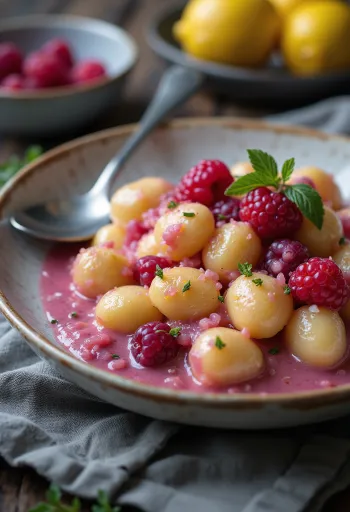 Piros gyümölcsös és mascarponés gnocchi tálalva