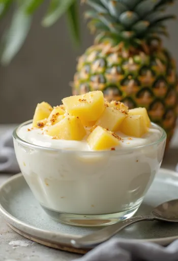Ananászos joghurt ital poharakban tálalva, világos sárgás krémes szín, ananászdarabokkal a tetején