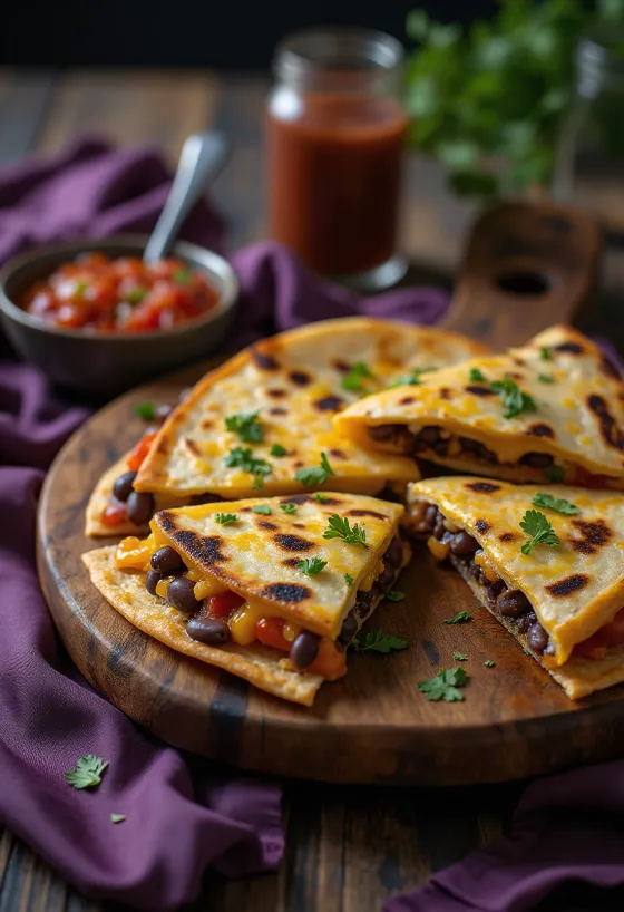 Quesadilla babbal, sajttal és zöldségekkel tálalva