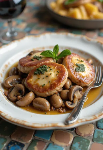Saltimbocca gombával tálalva, borjúhús, sonka, zsálya és párolt gomba fehérboros mártásban