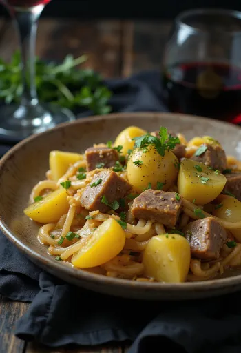 Sarapatel hagymával, gazdag fűszeres húsos étel, kókusztejjel tálalva