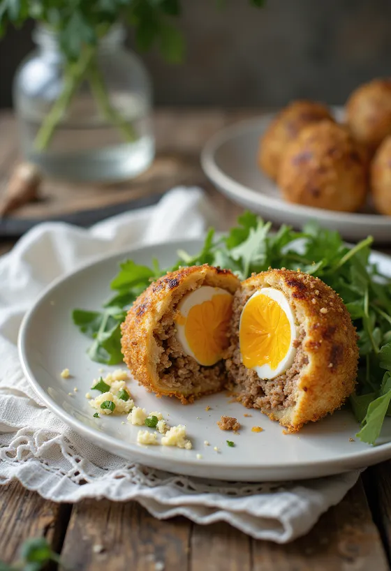 Scotch egg fűszeres darált hússal, friss petrezselyemmel tálalva