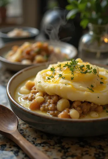 Shepherd’s pie fokhagymával tálalva, burgonyapürével a tetején