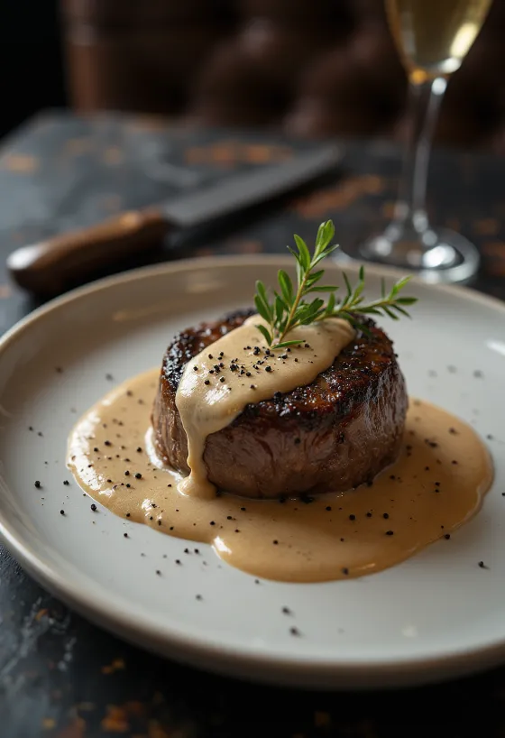Steak au poivre tálalva tejszínes mártással