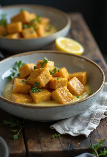 Sült tofu citromos tahinivel tálalva, friss petrezselyemmel és szezámmaggal