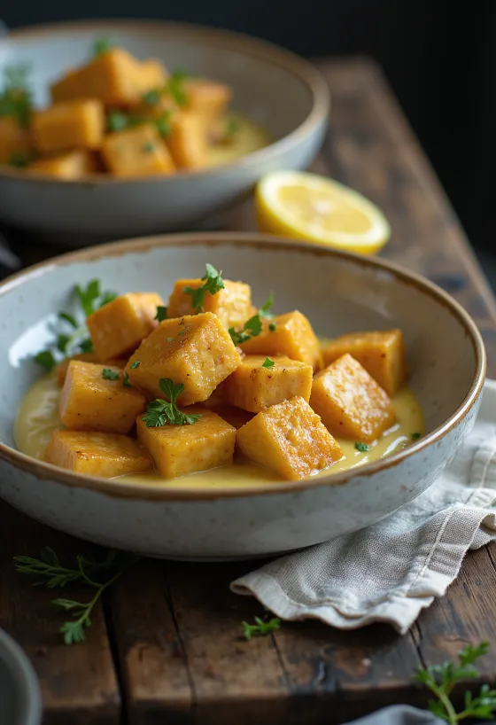 Sült tofu citromos tahinivel tálalva, friss petrezselyemmel és szezámmaggal