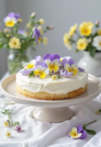 Tavaszi virágos torta ehető virágokkal díszítve