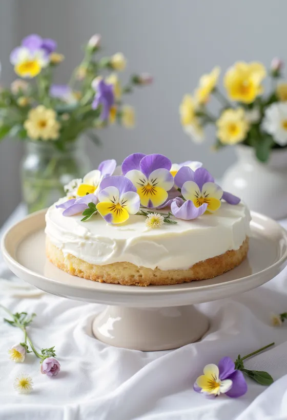 Tavaszi virágos torta ehető virágokkal díszítve
