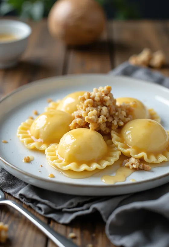 Tejkaramellás ravioli tálalva