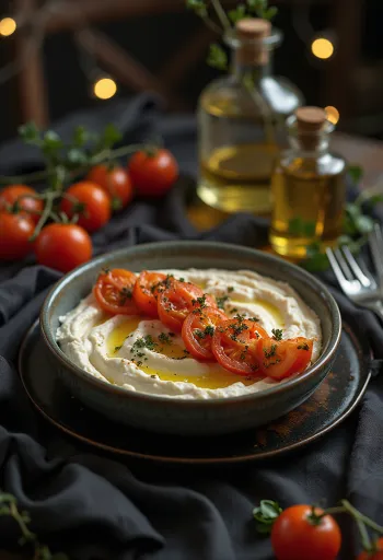 Tirokafteri sült paradicsommal, friss feta sajtkrémmel tálalva