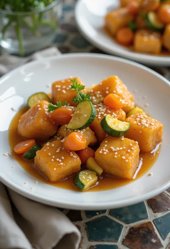 Tofu tangsuyuk, egy édes-savanyú tofu étel zöldségekkel és szezámmaggal díszítve